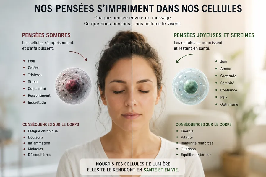 Nos pensées s'impriment dans nos cellules : à gauche les pensées sombres (peur, colère, tristesse, stress, culpabilité, ressentiment, inquiétude), à droite les pensées joyeuses et sereines (joie, amour, gratitude, sérénité, confiance, paix, optimisme).